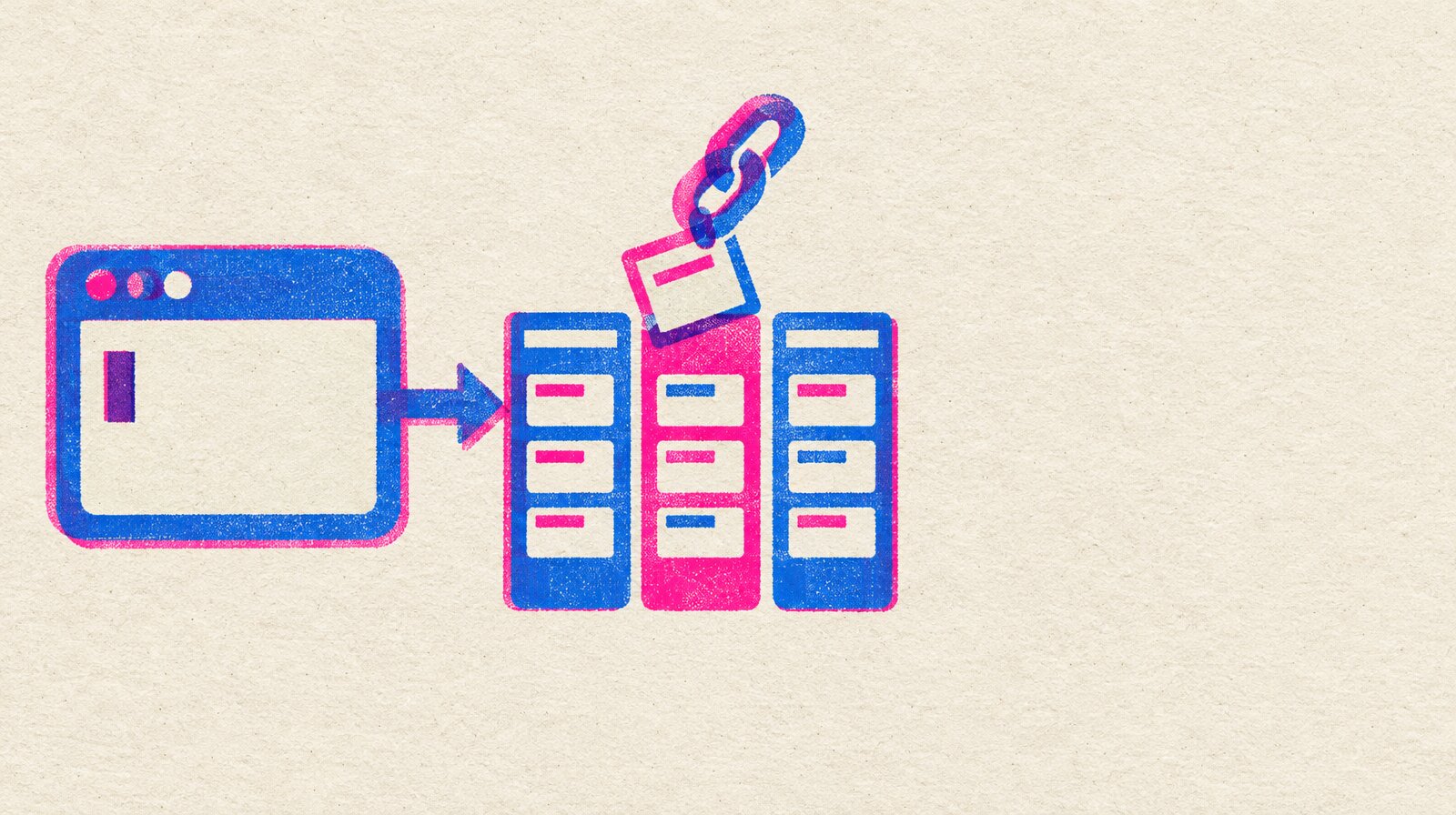 Risograph card of a terminal window feeding cards into kanban columns