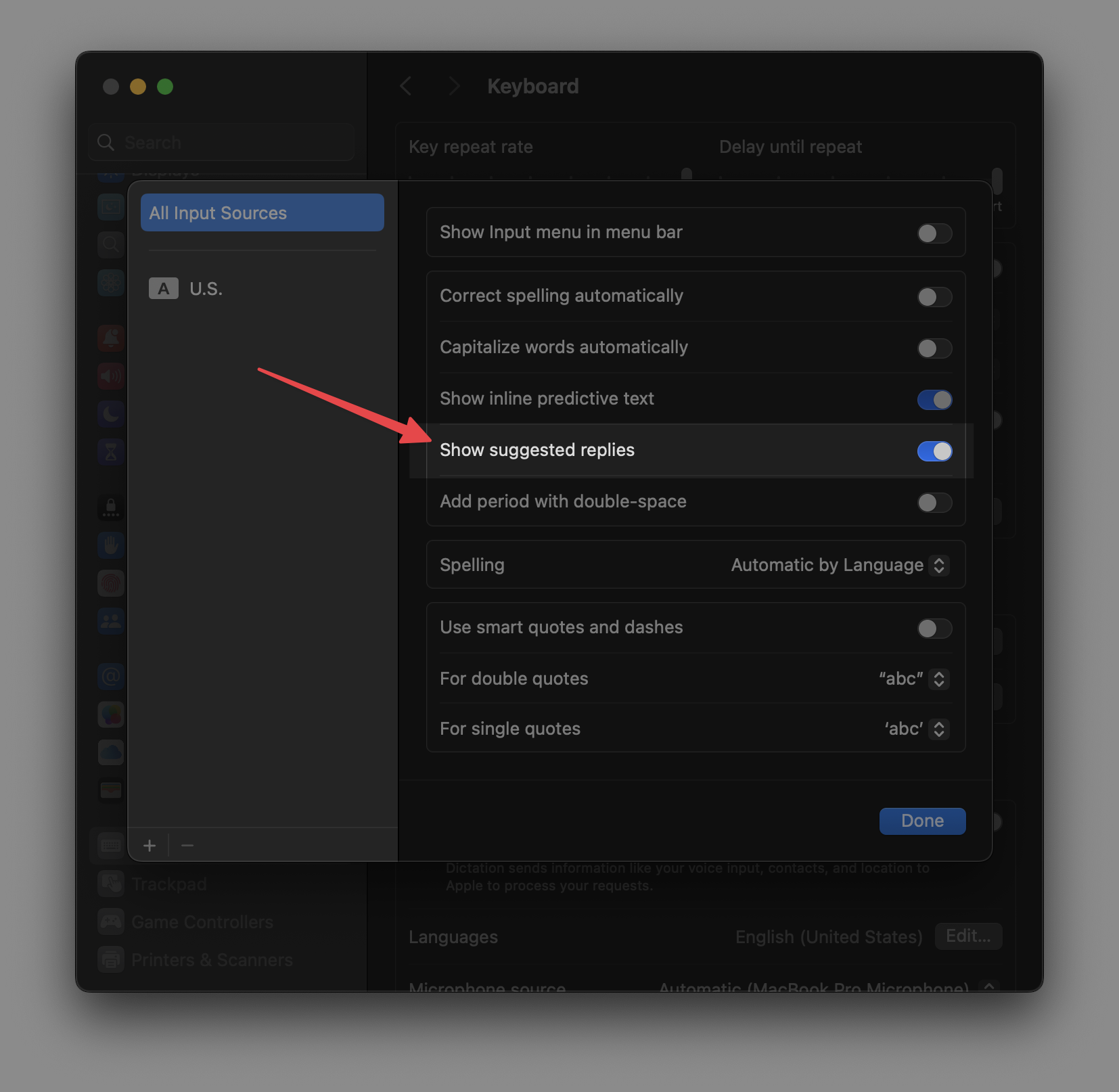 Screenshot of 'Text Inputs' dialog inside Keyboard system settings, with 'Suggested Replies toggle