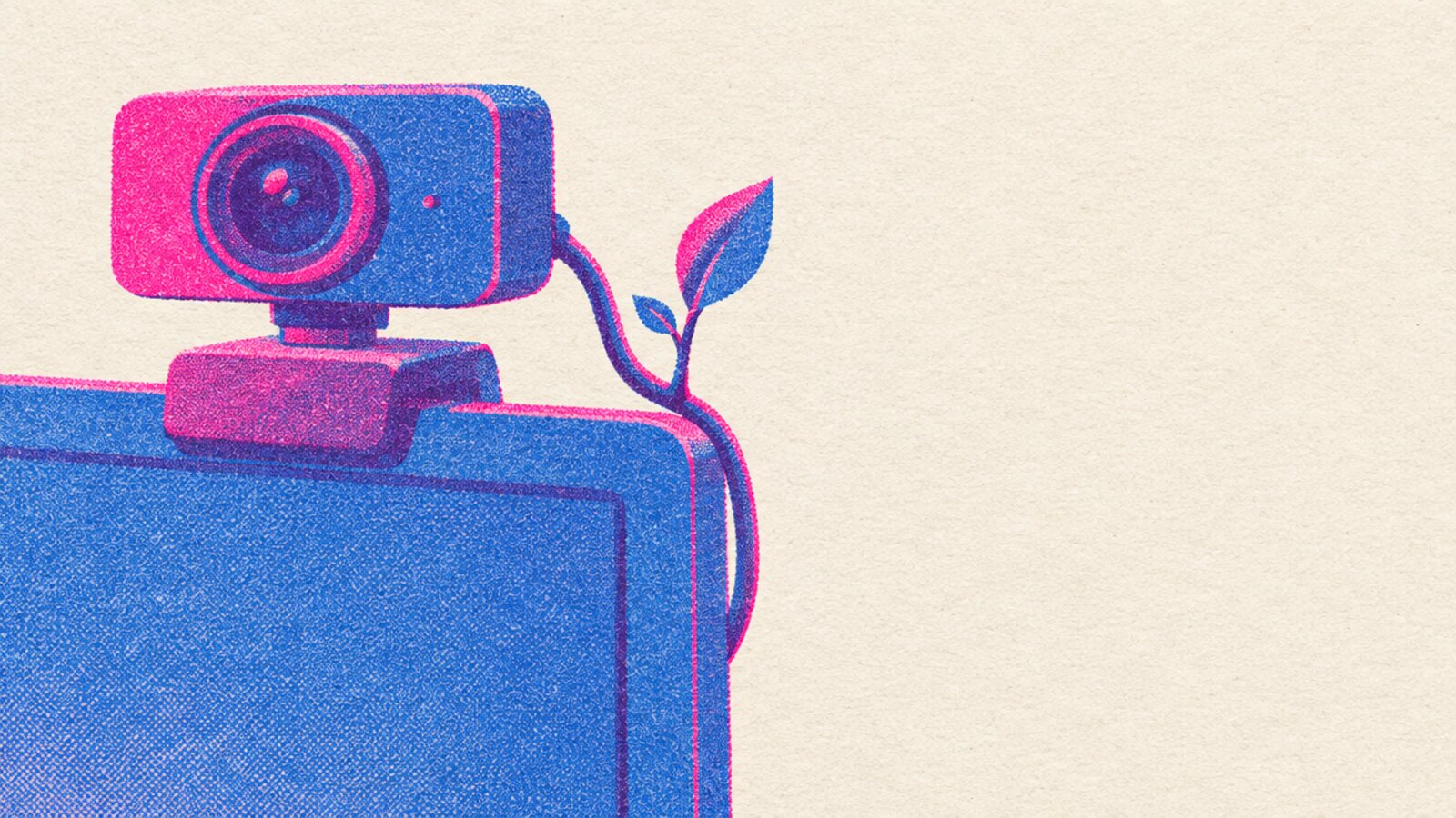 Risograph card of a webcam on a monitor with a plant sprouting from its cable