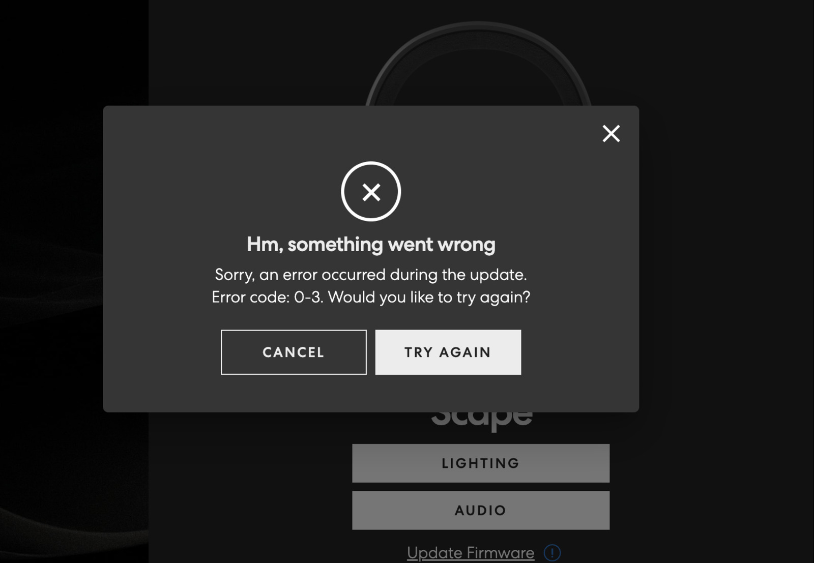 Fractal's Adjust Pro app showing "Hm, something went wrong"