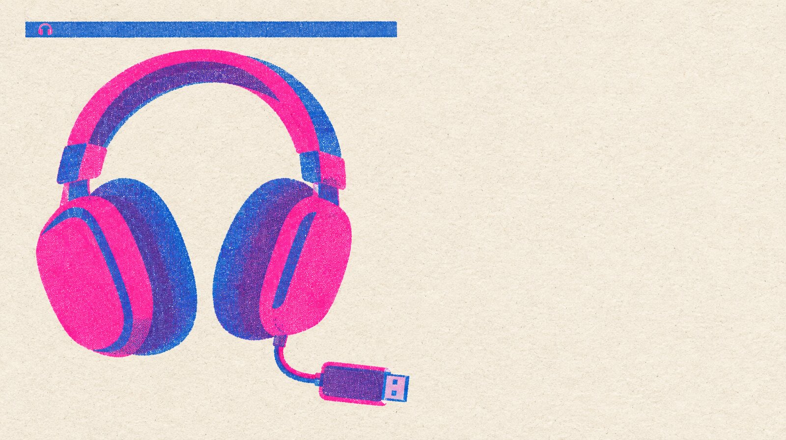 Risograph card of a pair of headphones plugged into a USB dongle