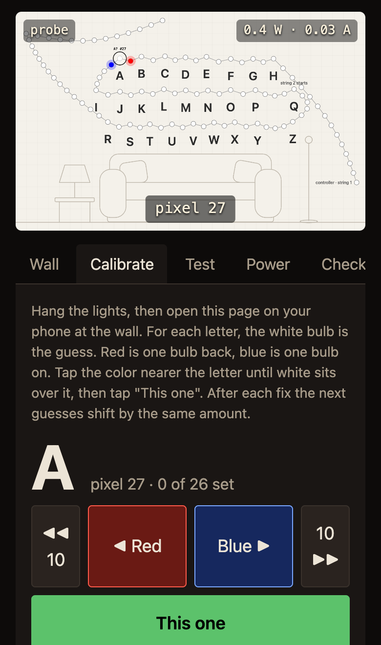 The Calibrate tab on a phone: the guess in white, red one bulb back, blue one bulb on