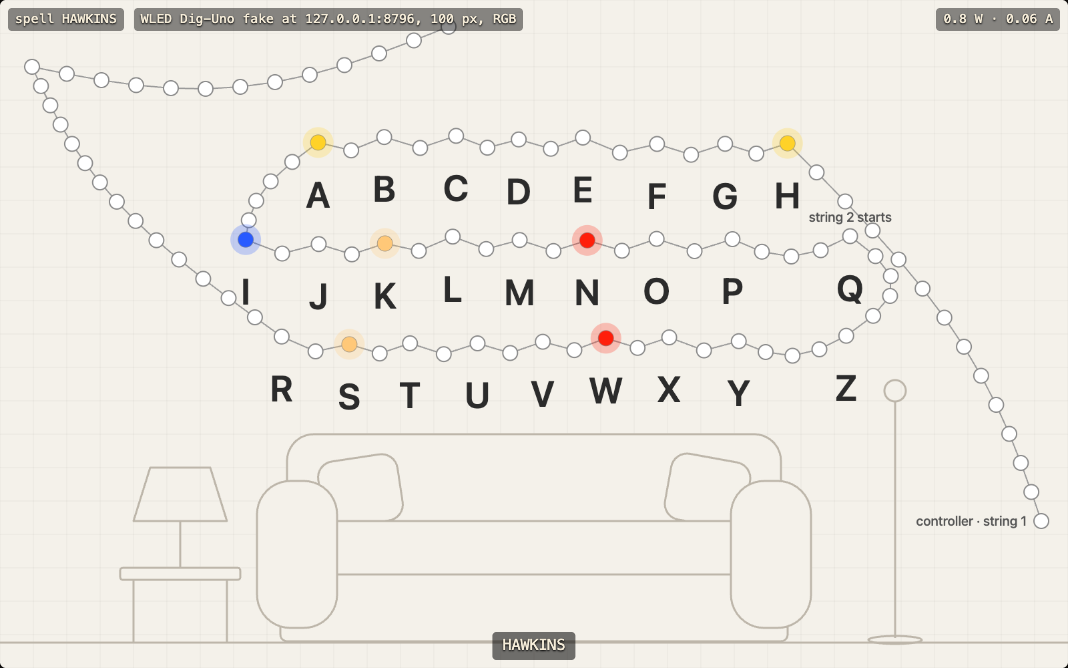 The diagram view after spelling HAWKINS, with the wire path and where each string starts