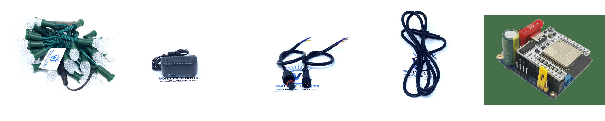 The parts: a string of 50 C7 bulbs, a 12 V supply, xConnect pigtails, an extension cable and the Dig-Uno controller