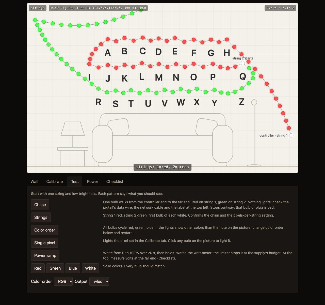 The Test tab running Strings: string 1 red, string 2 green