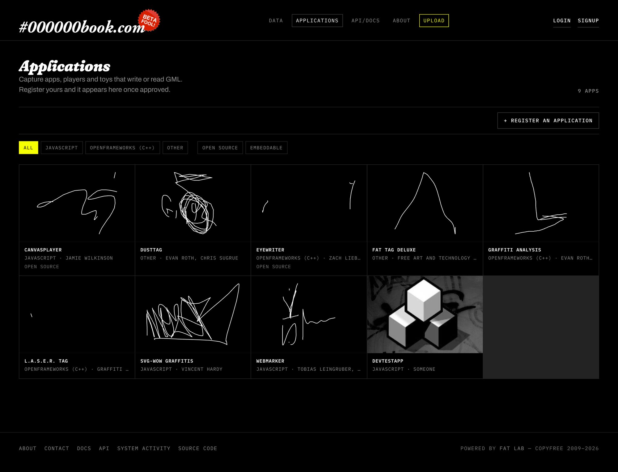 The apps page: cards for canvasplayer, DustTag, EyeWriter, Fat Tag Deluxe, Graffiti Analysis, L.A.S.E.R. Tag and others, each drawing that app's newest tag