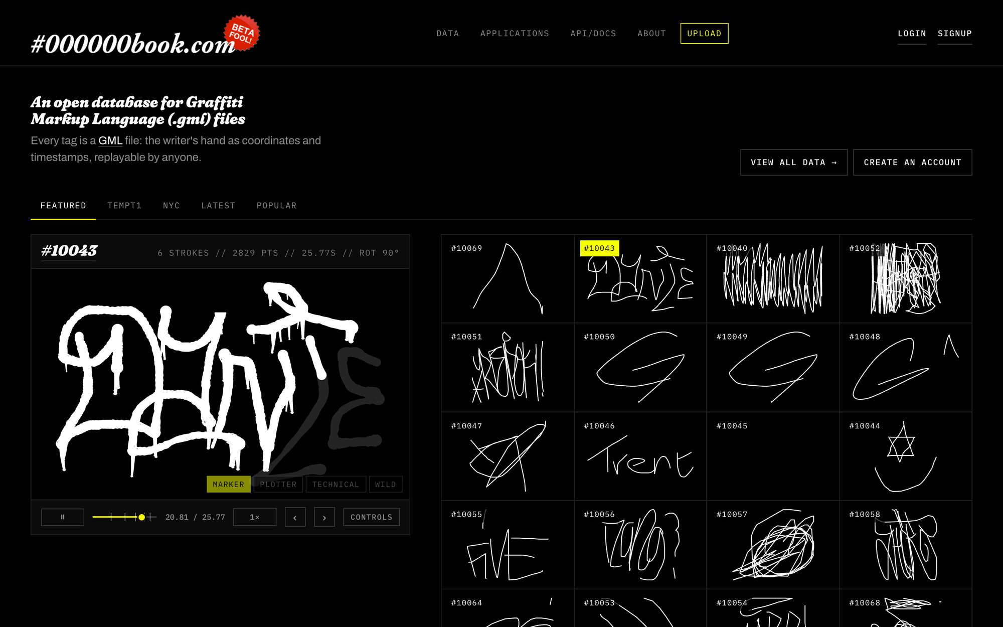 The redesigned 000000book front page: black background, a player drawing tag #10043 in thick white marker with drips on the left, and a grid of tags drawing themselves on the right