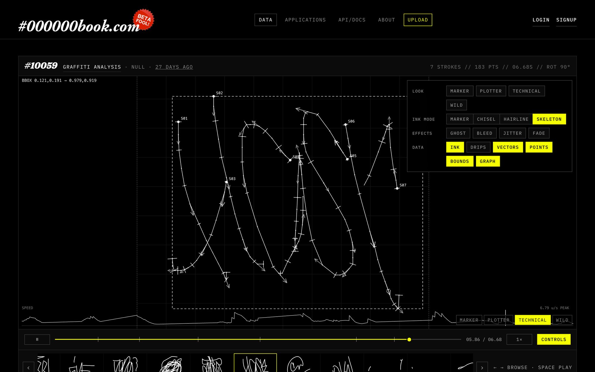 Tag #10059 in the Technical look: a skeleton of the strokes with numbered points, direction arrows, a dashed bounding box and a speed graph along the bottom, with the controls pane open on the right