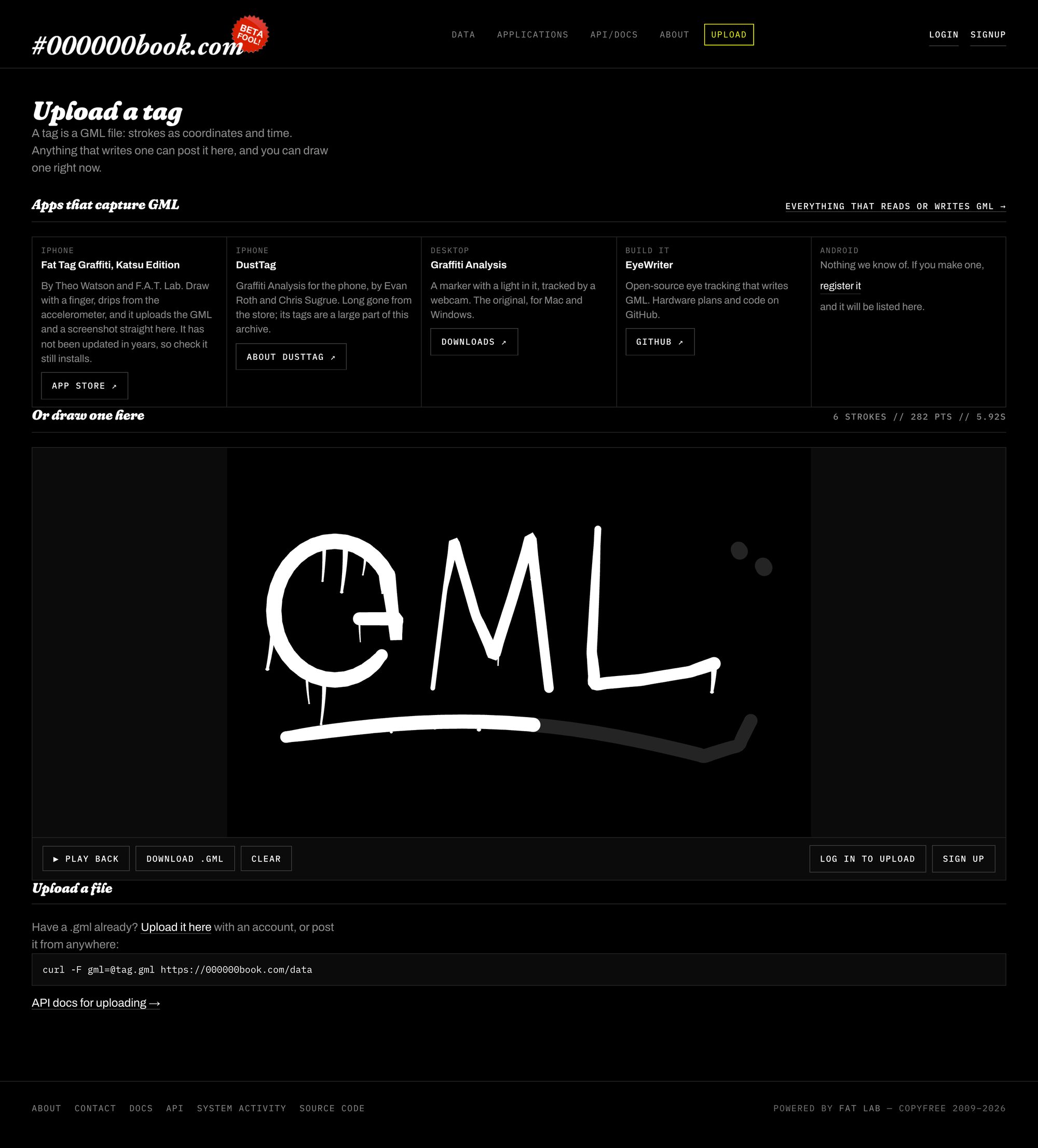 The upload page: a list of capture apps, then a drawing box where a tag spelling GML is being played back, and a one-line curl command for uploading