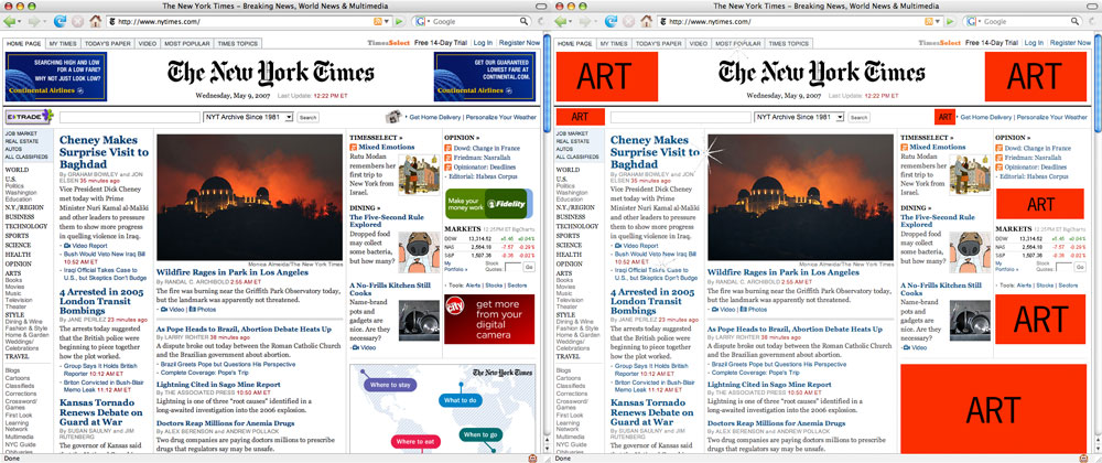 The New York Times homepage in May 2007, with banner ads on the left and the same ad slots showing ART placeholders on the right
