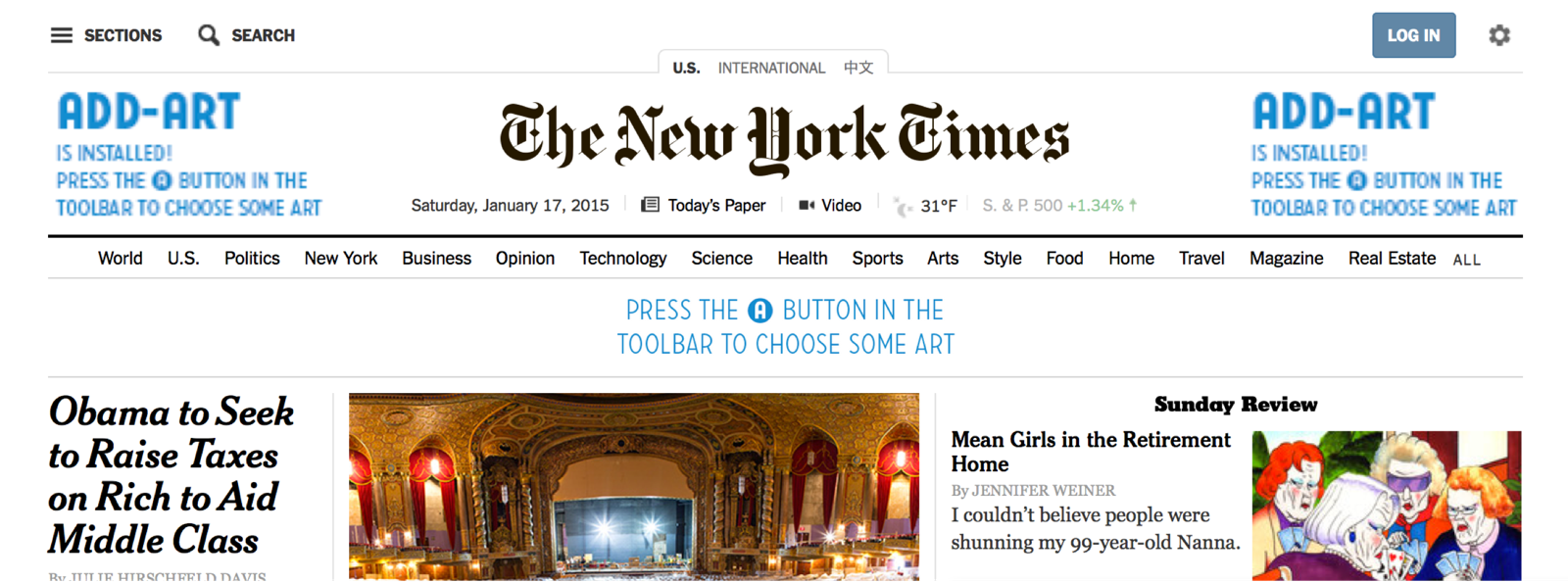 The New York Times homepage in January 2015 with Add-Art messages in the ad slots saying press the A button in the toolbar to choose some art