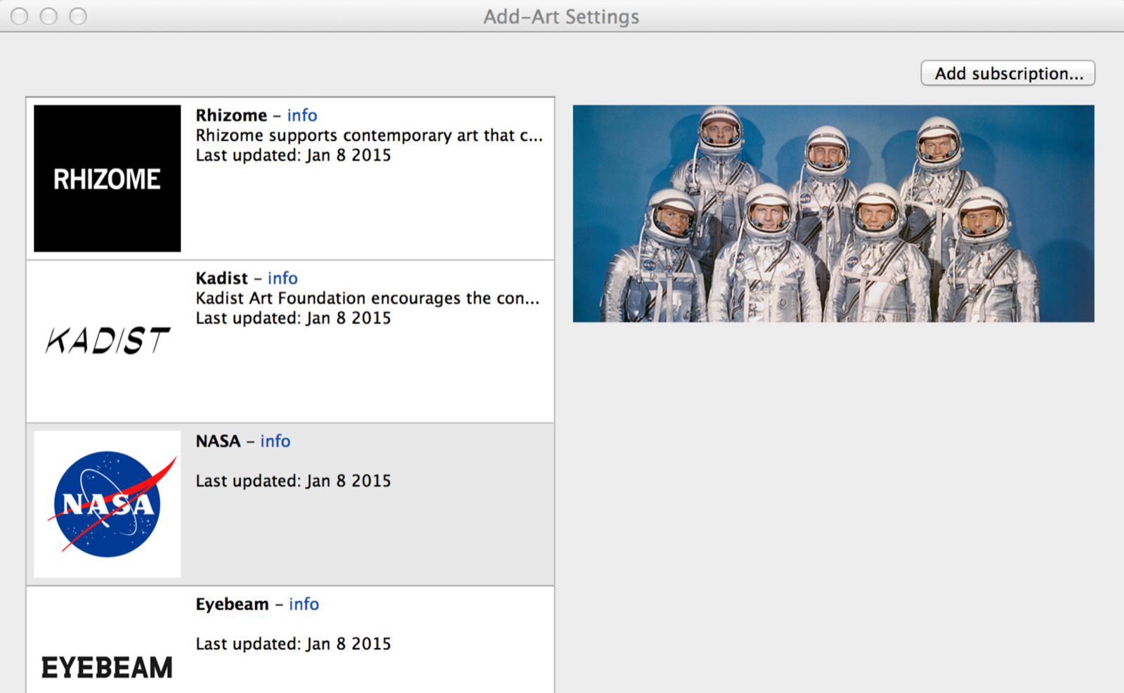 Add-Art 2.0 settings window listing art sources Rhizome, Kadist, NASA and Eyebeam, with a NASA astronaut photo preview