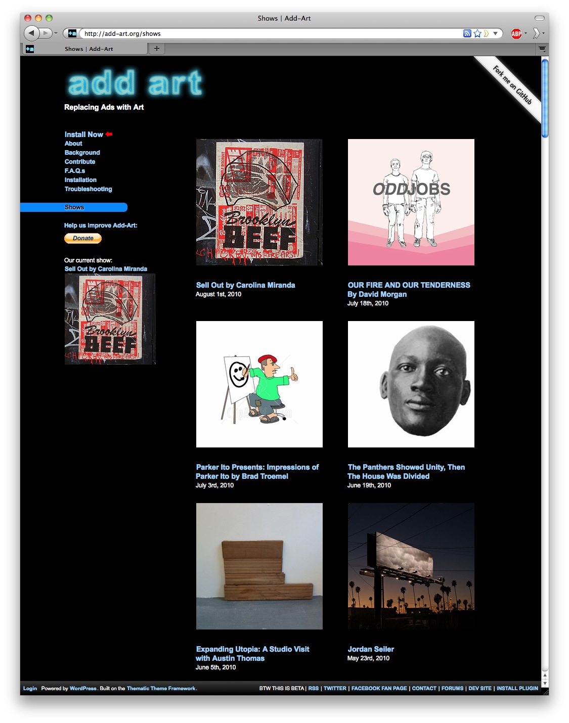 The add-art.org Shows page in 2010, a grid of recent curated shows