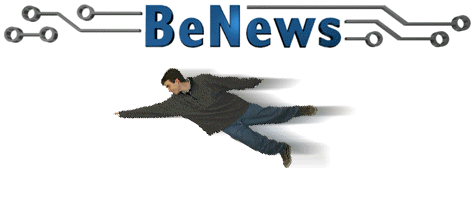 The chrome BeNews banner logo with a photo of Jamie flying underneath it like Superman