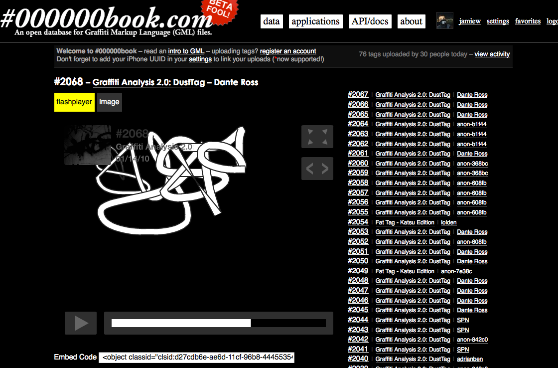 000000book front page in beta: a Graffiti Analysis tag by Dante Ross in the Flash player, beside a list of the latest uploads
