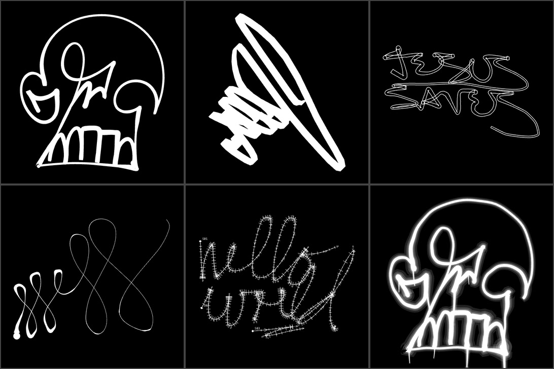 Six tags in six styles: Katsu's skull in marker, chisel and marker with effects, Jesus Saves in outline, a scribble in dyna and hello world as a skeleton of points