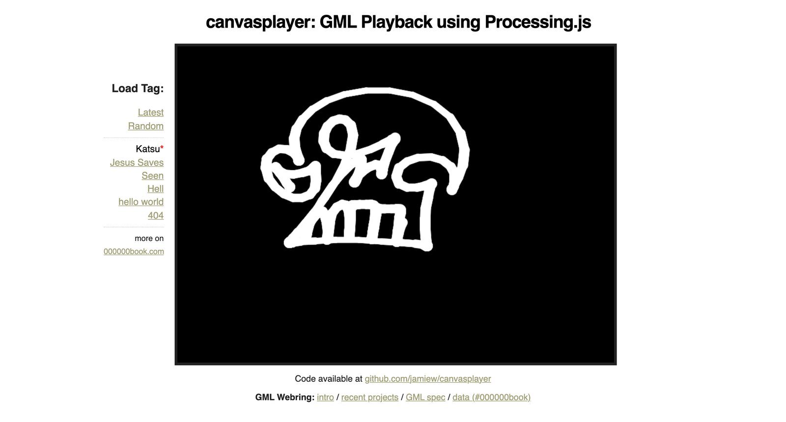 The 2009 canvasplayer drawing Katsu's skull tag in thick white marker on black, with a tag picker on the left