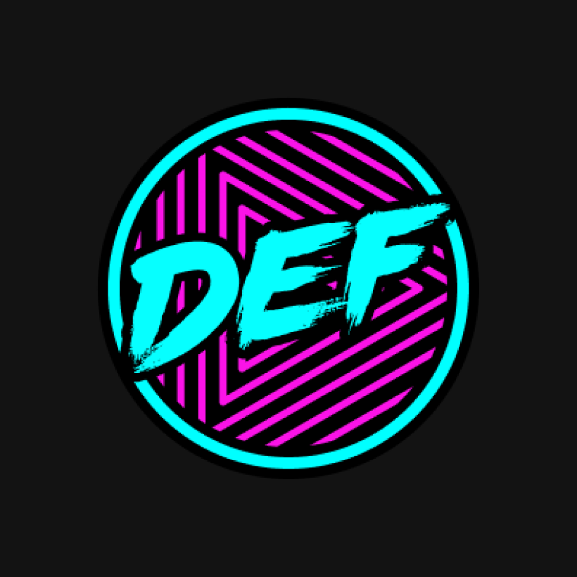 The DEF logo: brush-stroke cyan letters D E F over a circle of magenta and black chevron stripes
