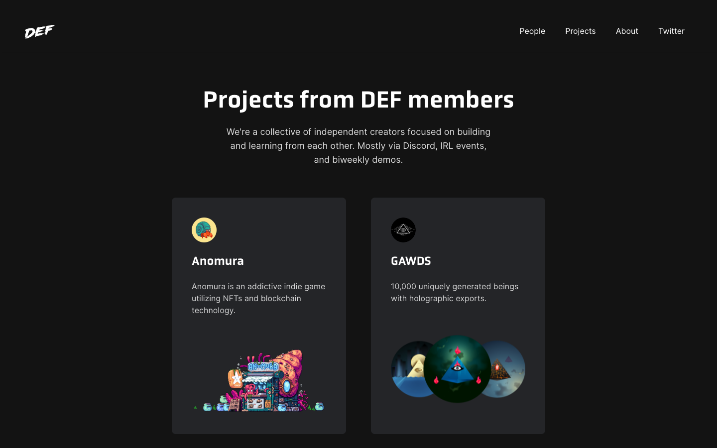 The defdao.xyz projects page, headed Projects from DEF members, with cards for Anomura and GAWDS