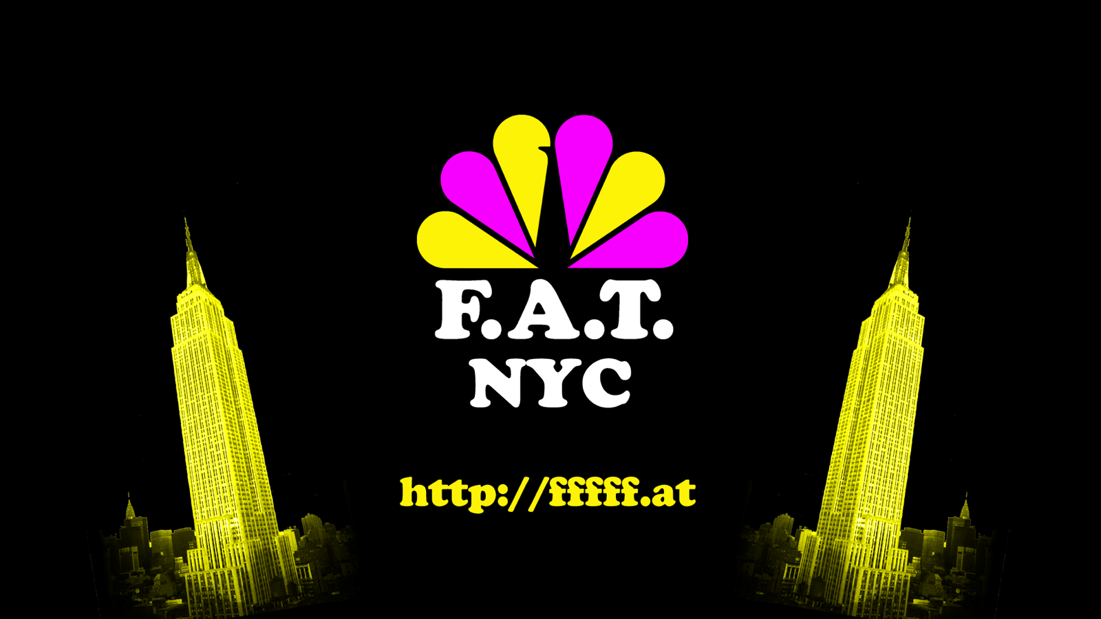 F.A.T. NYC card: the peacock logo and fffff.at URL between two yellow Empire State Buildings on black