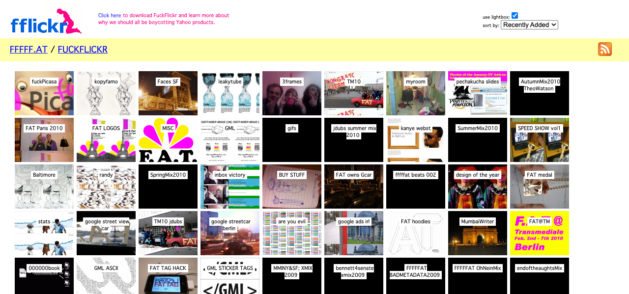 The FAT Lab FuckFlickr gallery in December 2010: the pink fflickr logo above a grid of album thumbnails such as FAT Paris 2010, GML, SPEED SHOW vol1 and TM10 jdubs