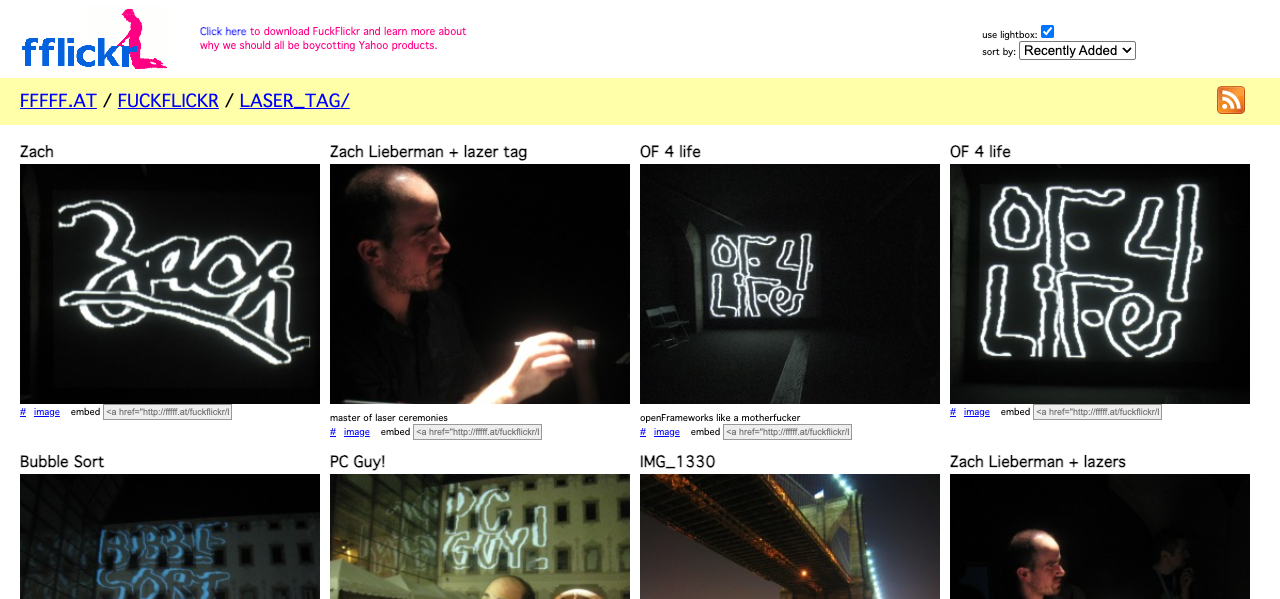 The LASER_TAG album on FAT Lab's FuckFlickr: titled photos of laser graffiti, including Zach Lieberman writing with a laser and a projected OF 4 life tag, each with image and embed links