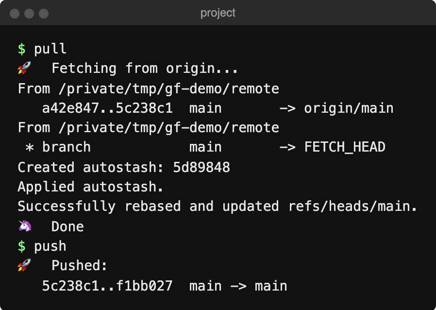 Terminal running git-friendly on a branch named main: pull fetches from origin, autostashes local changes, rebases and prints Done, then push prints the pushed commit range