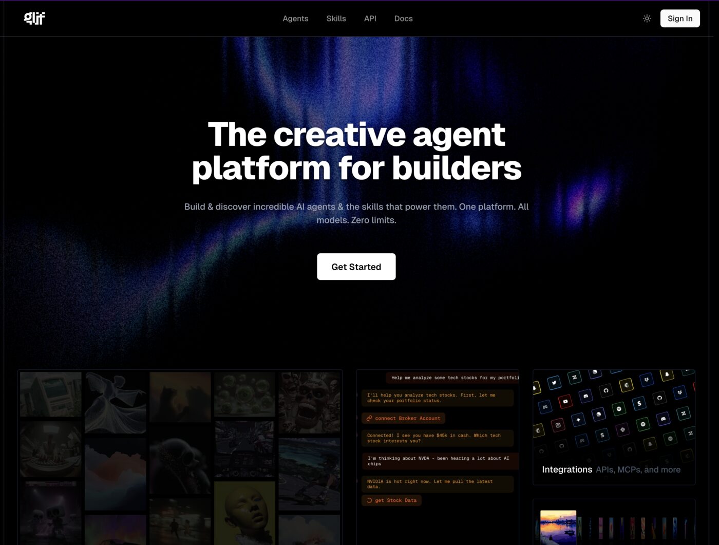 Dark Glif homepage headlined The creative agent platform for builders, with the line Build and discover incredible AI agents and the skills that power them. One platform. All models. Zero limits., above a grid of generated images, a sample agent chat and an Integrations panel