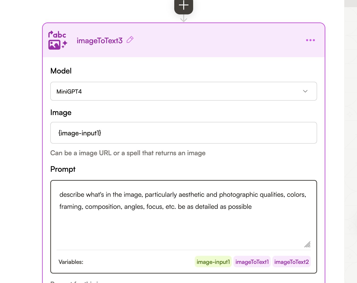 A block in the Glif builder called imageToText3: a MiniGPT4 model dropdown, an image input, and a prompt asking for a detailed description of the image's aesthetic