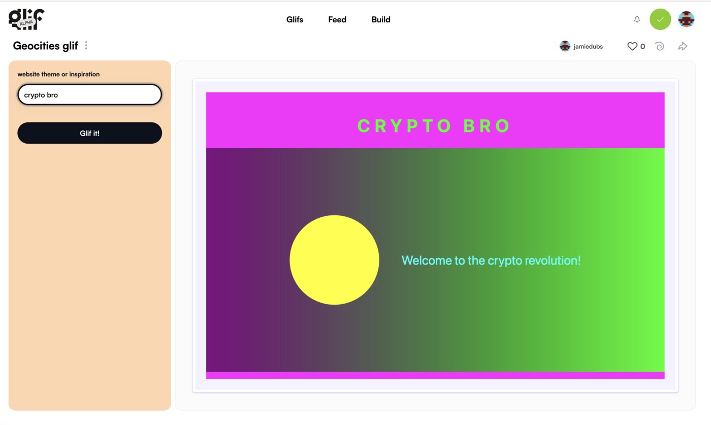 The Geocities glif by jamiedubs: the input crypto bro on the left, and a generated web page on the right with a magenta header reading CRYPTO BRO and the text Welcome to the crypto revolution