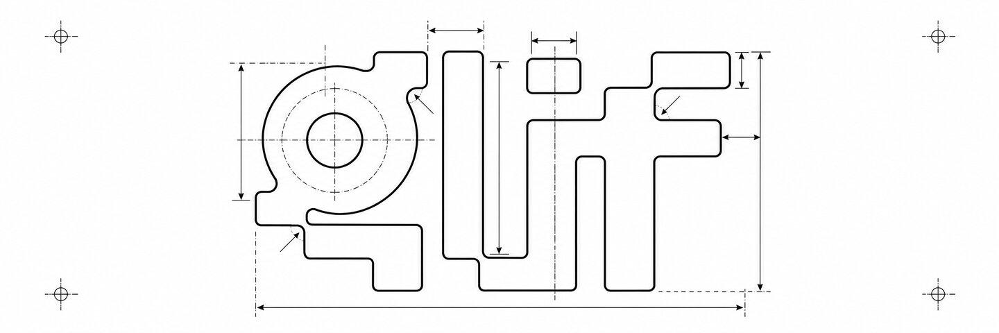 The Glif wordmark drawn as a black-ink technical diagram, with dimension lines and registration marks