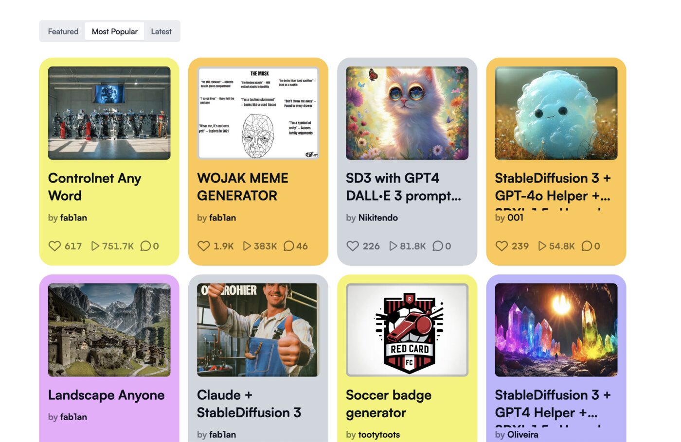 The Most Popular tab on Glif in June 2024: Controlnet Any Word with 751.7K runs, Wojak Meme Generator by fab1an with 383K runs, plus SD3 and Stable Diffusion helper glifs, Landscape Anyone and a soccer badge generator