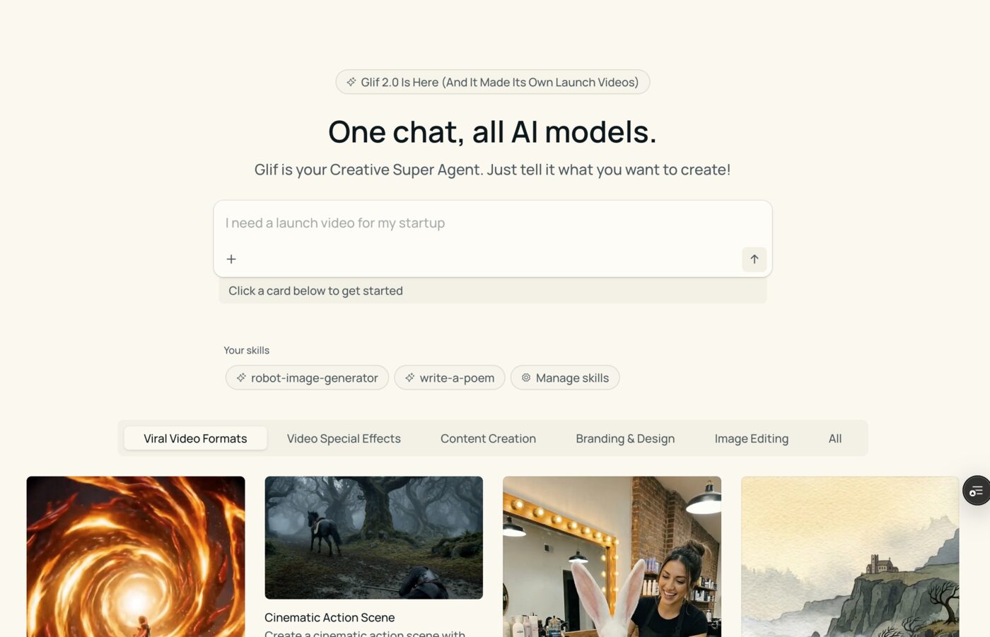 The Glif 2.0 homepage: a Glif 2.0 Is Here banner, the headline One chat, all AI models, a chat box reading I need a launch video for my startup, and tabs for Viral Video Formats, Video Special Effects, Content Creation, Branding and Design, and Image Editing above example cards