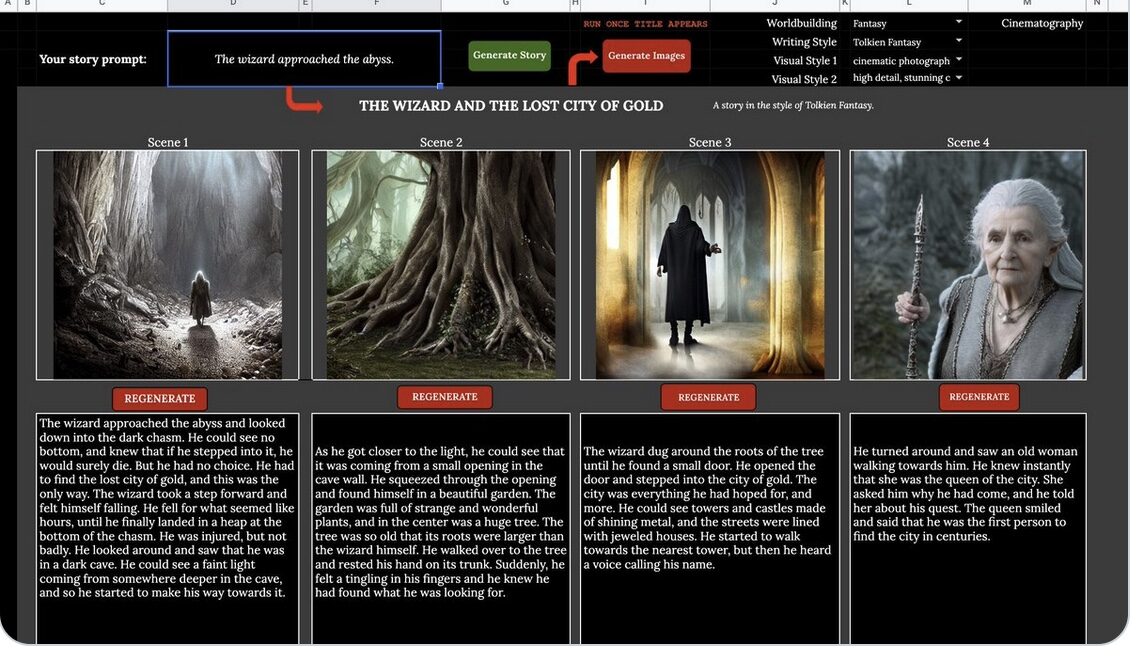 A Google Sheet titled The Wizard and the Lost City of Gold: a story prompt cell, Generate Story and Generate Images buttons, and four scenes, each with an AI-generated image and a paragraph of story text