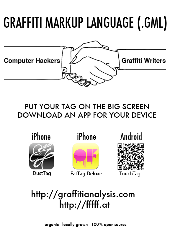 GML flyer: the hackers and writers handshake, put your tag on the big screen, and app icons for DustTag, FatTag Deluxe and TouchTag