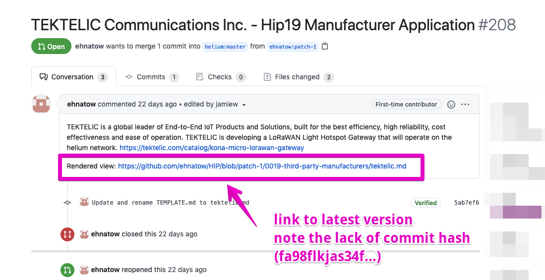 GitHub pull request for TEKTELIC's HIP 19 manufacturer application, with the 'Rendered view' link boxed in pink and a note that it links to the latest version without a commit hash