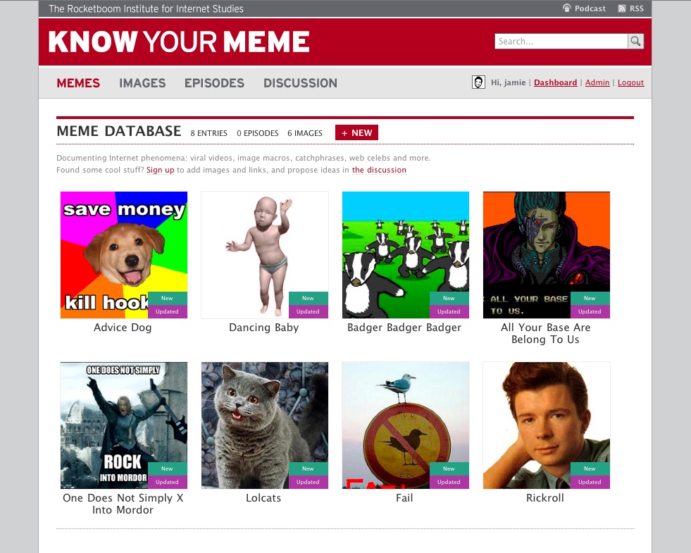 Know Your Meme in February 2009: a red header and a meme database of eight entries, including Advice Dog, Dancing Baby and Rickroll
