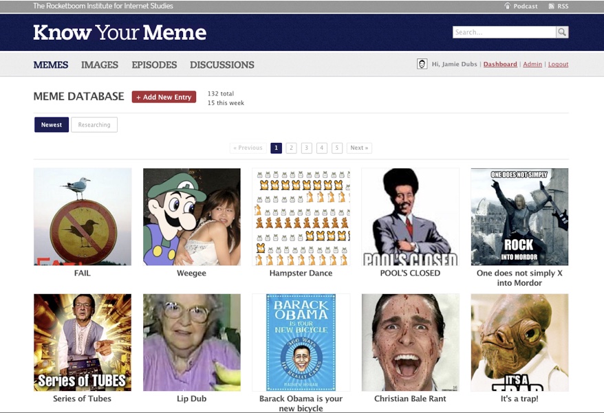 Know Your Meme around May 2010: a navy header and a meme database of 132 entries