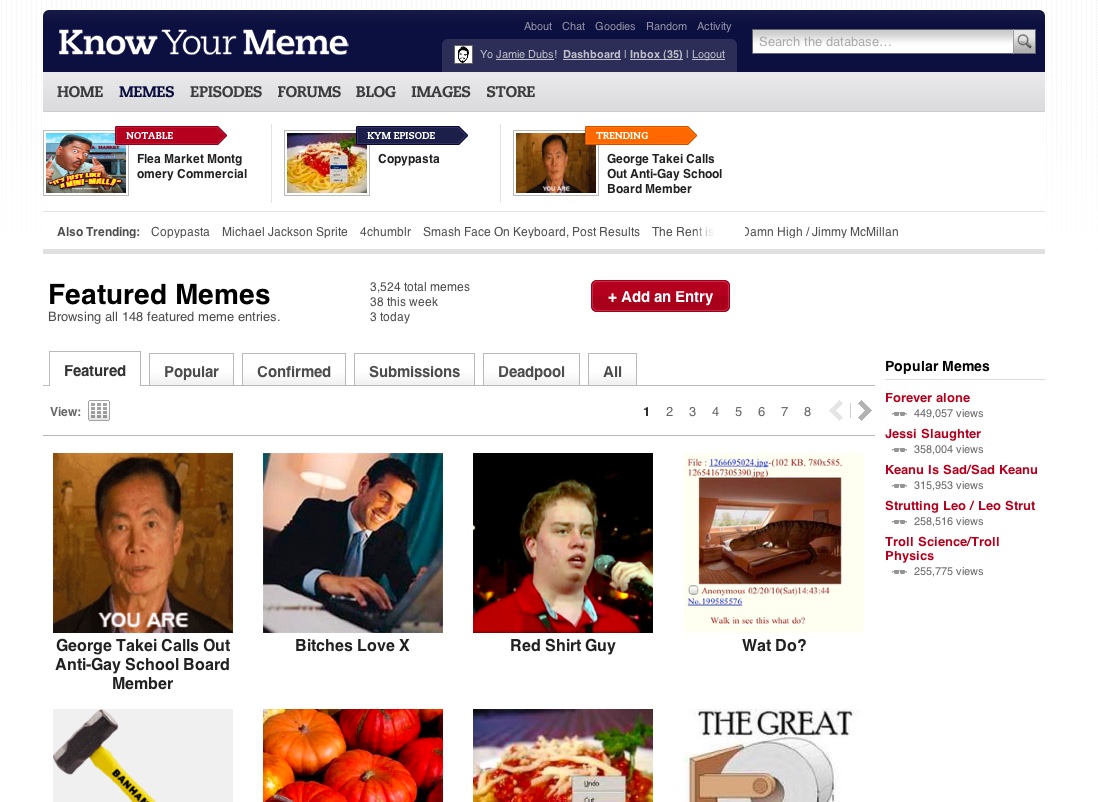 Know Your Meme in November 2010: featured memes, trending entries and a popular memes sidebar, with 3,524 total memes