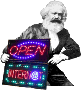 Animated GIF protester: Karl Marx holding a neon OPEN INTERNET sign
