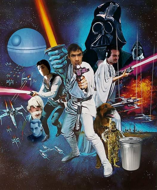An early Star Wars Uncut poster: the classic 1977 poster art with contributors' faces pasted over Luke, Leia and Han, plus a dog and a trash can