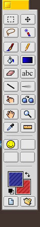 Mockup of the Imagination toolbar: two columns of tool icons for selection, lasso, brush, pencil, fill, eraser, text, lines, hand, zoom and eyedropper, above blue and red color swatches