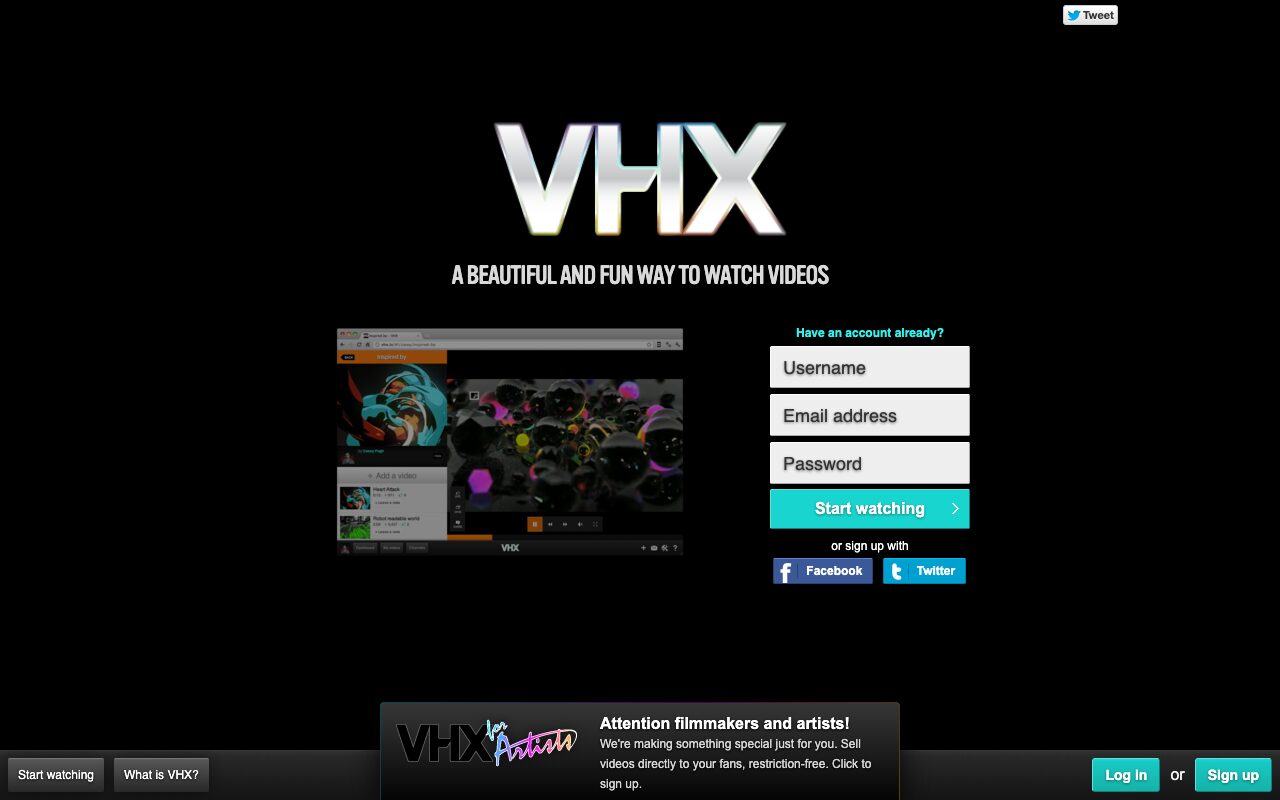 community.vhx.tv sign-up page: A beautiful and fun way to watch videos, with an Attention filmmakers and artists banner for VHX for Artists