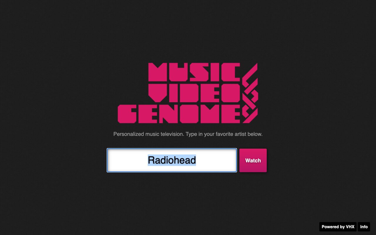 Music Video Genome landing page: a pink blocky logo, Personalized music television, a search box with Radiohead, and Powered by VHX