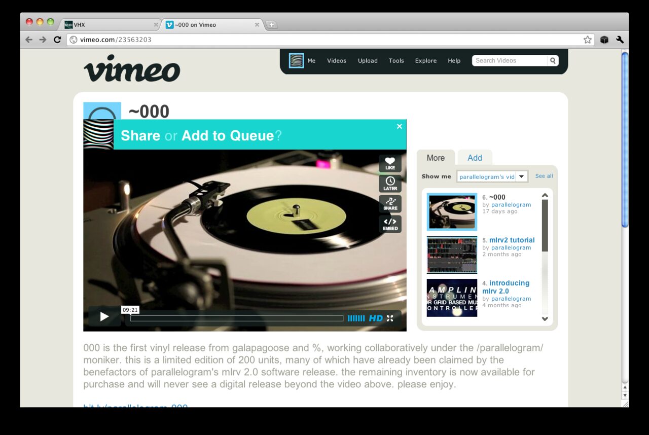 The VHX bookmarklet over a Vimeo page, asking Share or Add to Queue?