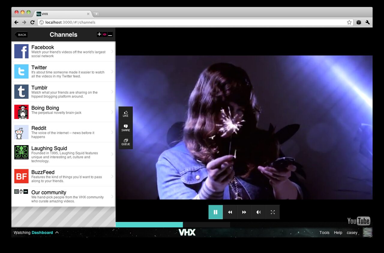 VHX Channels list: Facebook, Twitter, Tumblr, Boing Boing, Reddit, Laughing Squid, BuzzFeed and Our community, next to a music video playing with Like, Share and Queue buttons