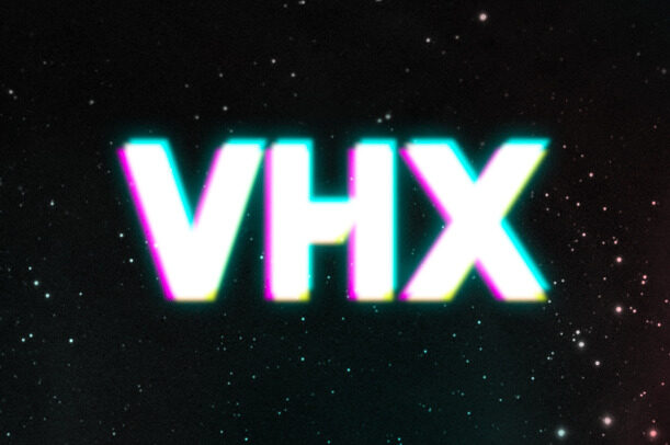 Neon pink and cyan VHX logo on a starfield