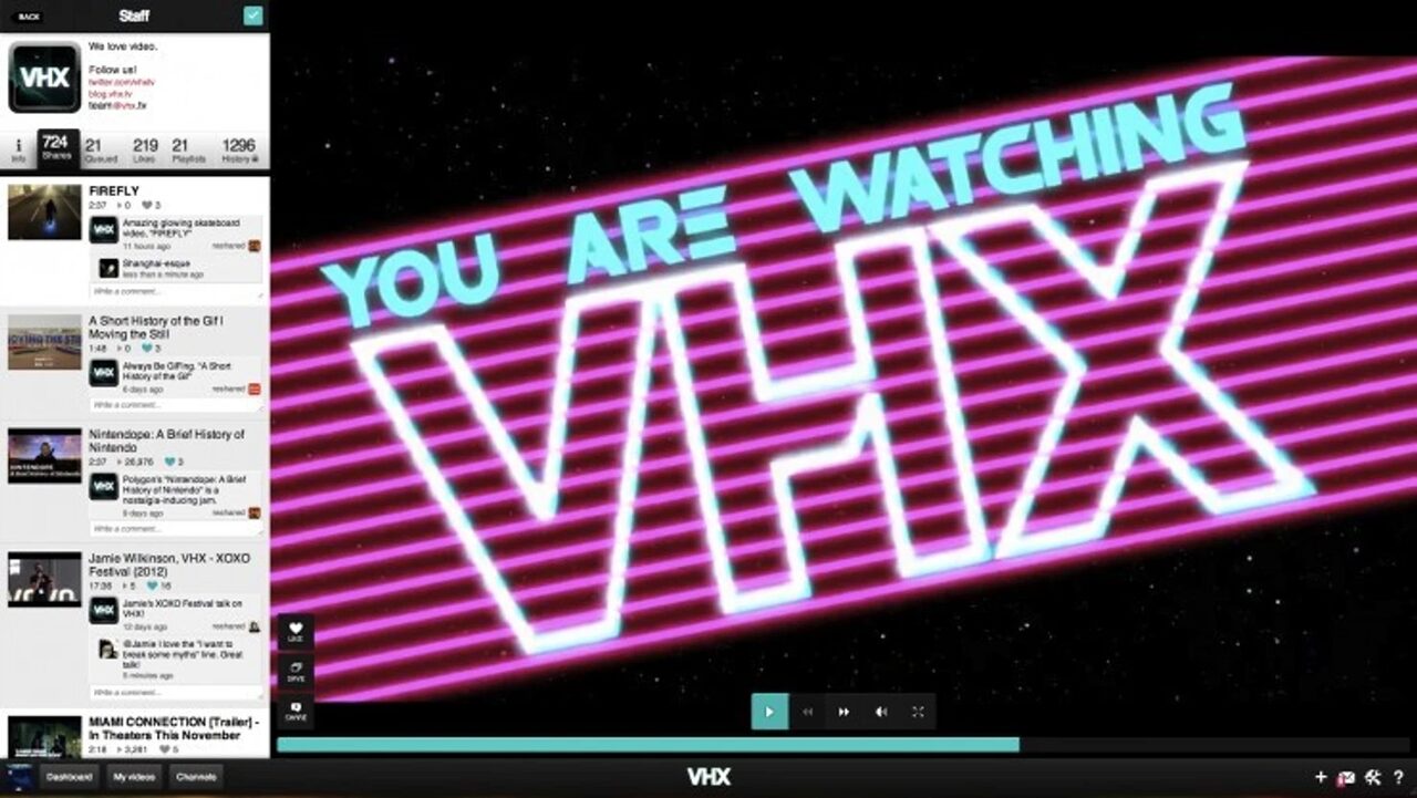 The VHX Staff channel in late 2012, playing a neon You Are Watching VHX bumper next to a feed of staff picks