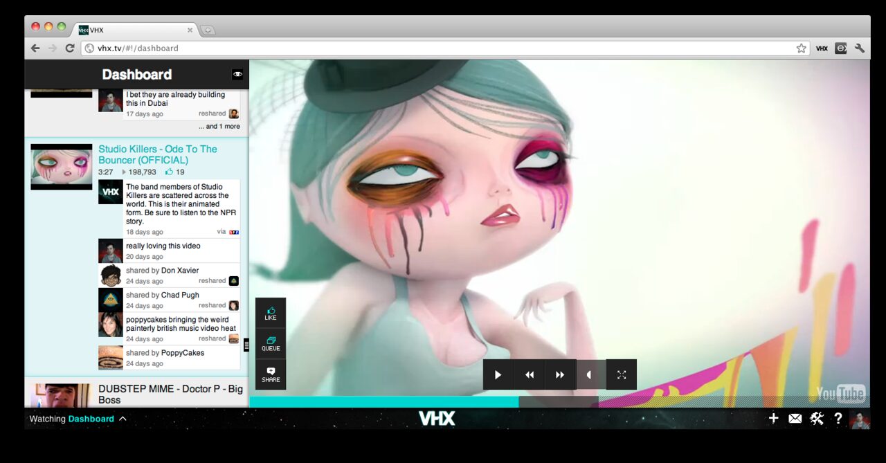 The VHX dashboard in April 2011: a feed of videos shared by friends on the left, a Studio Killers music video playing full-bleed on the right, and the VHX bar along the bottom