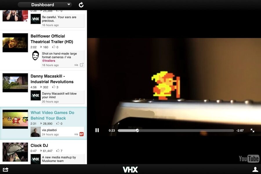 VHX on an iPad: the dashboard with a Bellflower trailer shared via @trailers, and a video game short playing